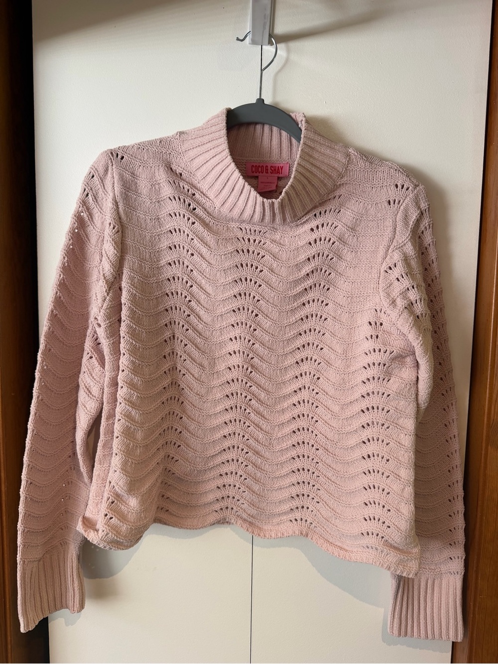 Blush Chenille Open-Knit Turtleneck Sweater Scalloped Edge - Women’s Size Small